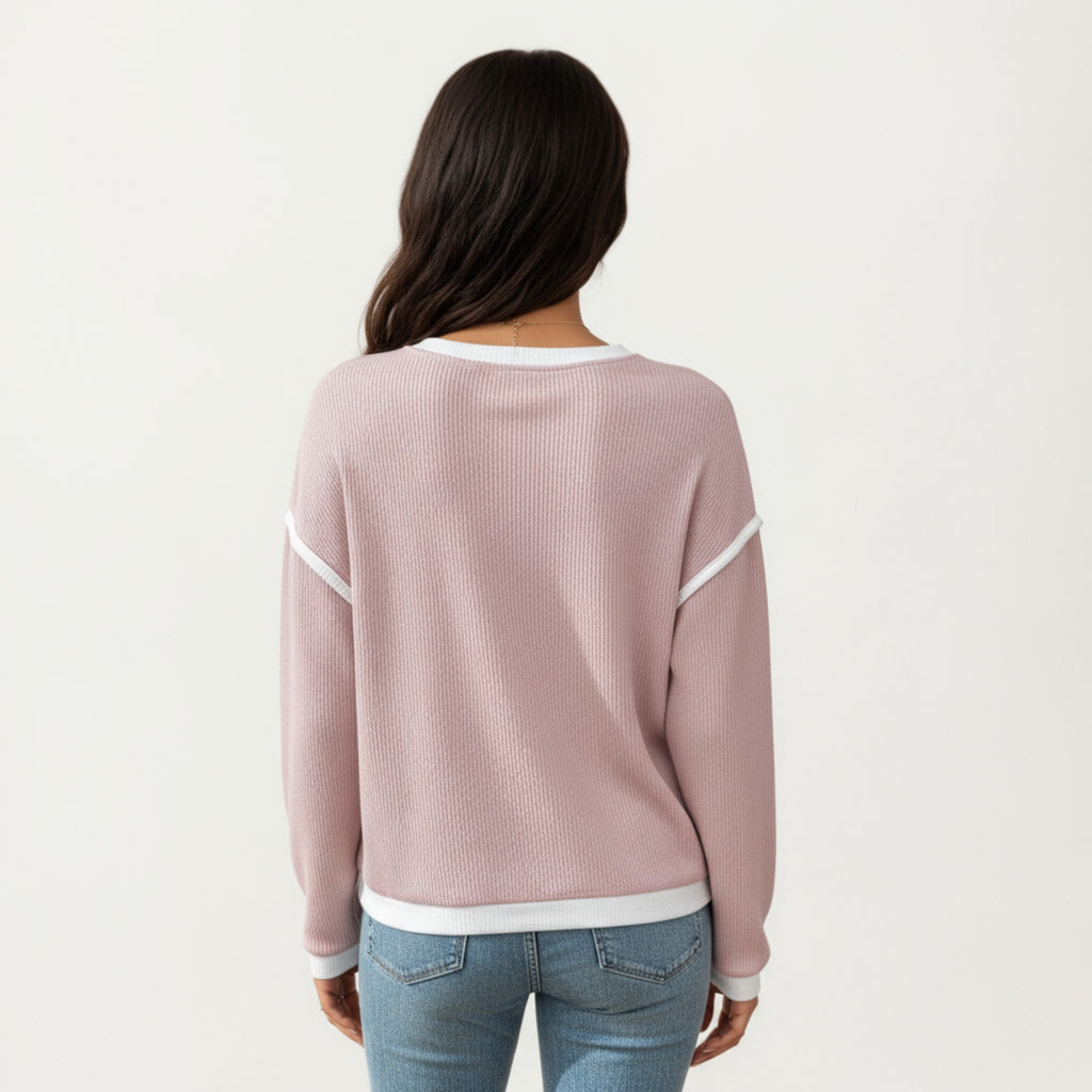 Anna-Kaci Women's Long Sleeve Knit Top with Contrast Trim and Relaxed Fit