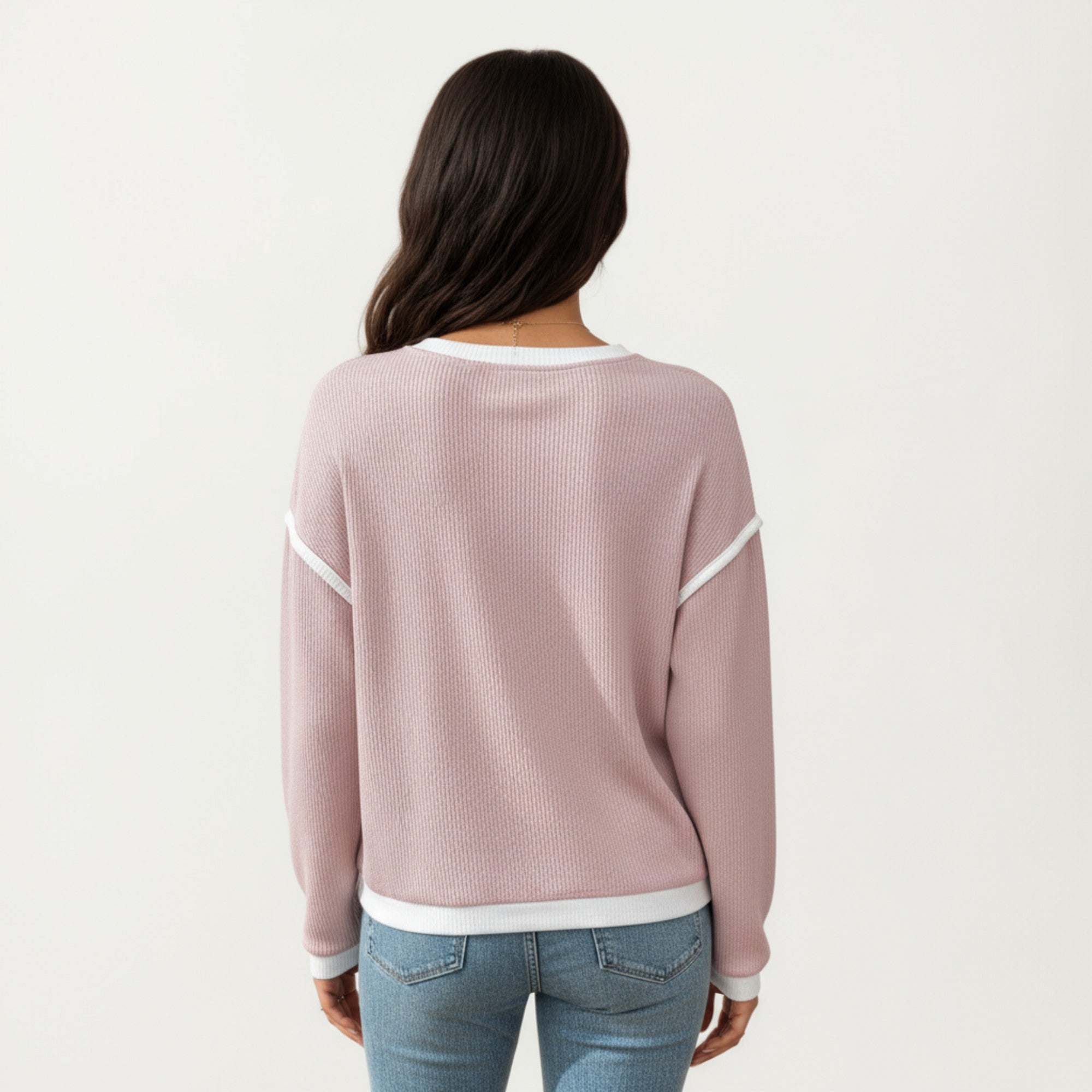 Anna-Kaci Women's Long Sleeve Knit Top with Contrast Trim and Relaxed Fit