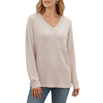 Anna-Kaci Women's V-Neck Long Sleeve Knit Top with Chest Pocket and Relaxed Fit