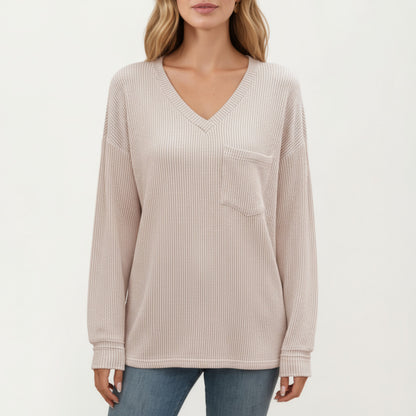 Anna-Kaci Women's V-Neck Long Sleeve Knit Top with Chest Pocket and Relaxed Fit