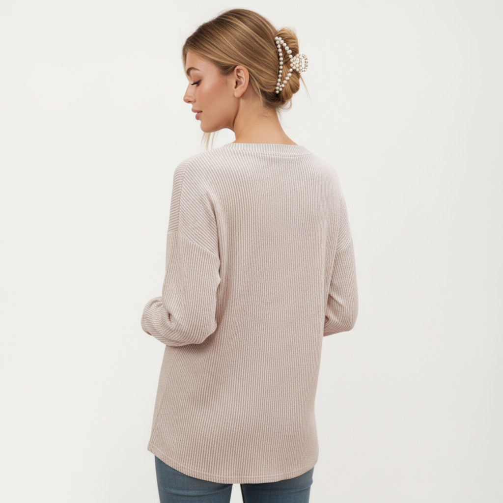 Anna-Kaci Women's V-Neck Long Sleeve Knit Top with Chest Pocket and Relaxed Fit