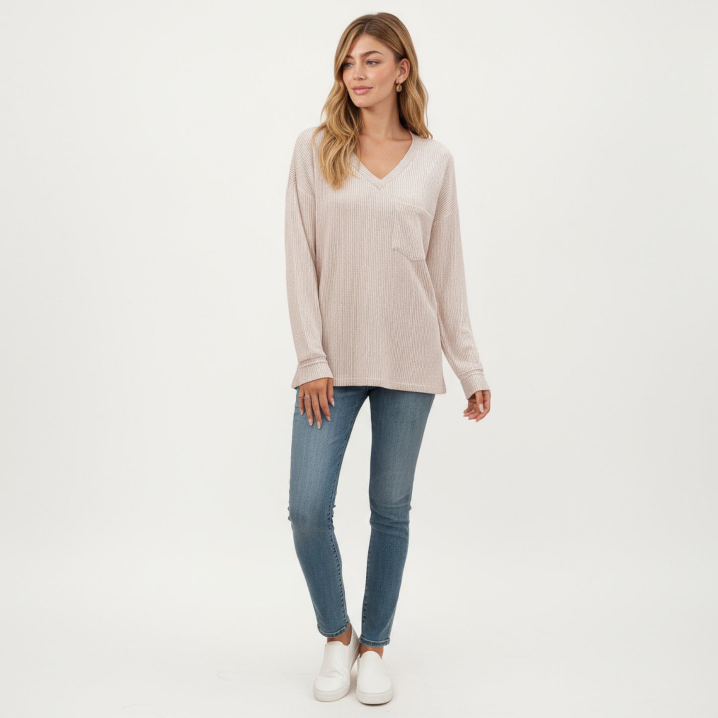 Anna-Kaci Women's V-Neck Long Sleeve Knit Top with Chest Pocket and Relaxed Fit