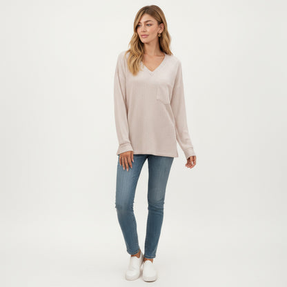 Anna-Kaci Women's V-Neck Long Sleeve Knit Top with Chest Pocket and Relaxed Fit