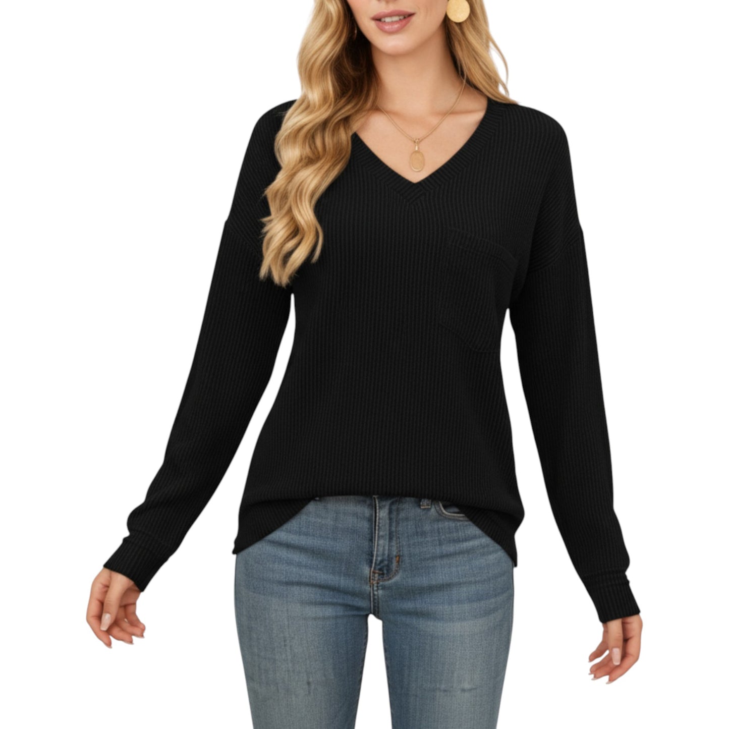 Anna-Kaci Women's V-Neck Long Sleeve Knit Top with Chest Pocket and Relaxed Fit