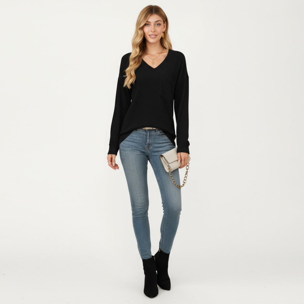 Anna-Kaci Women's V-Neck Long Sleeve Knit Top with Chest Pocket and Relaxed Fit