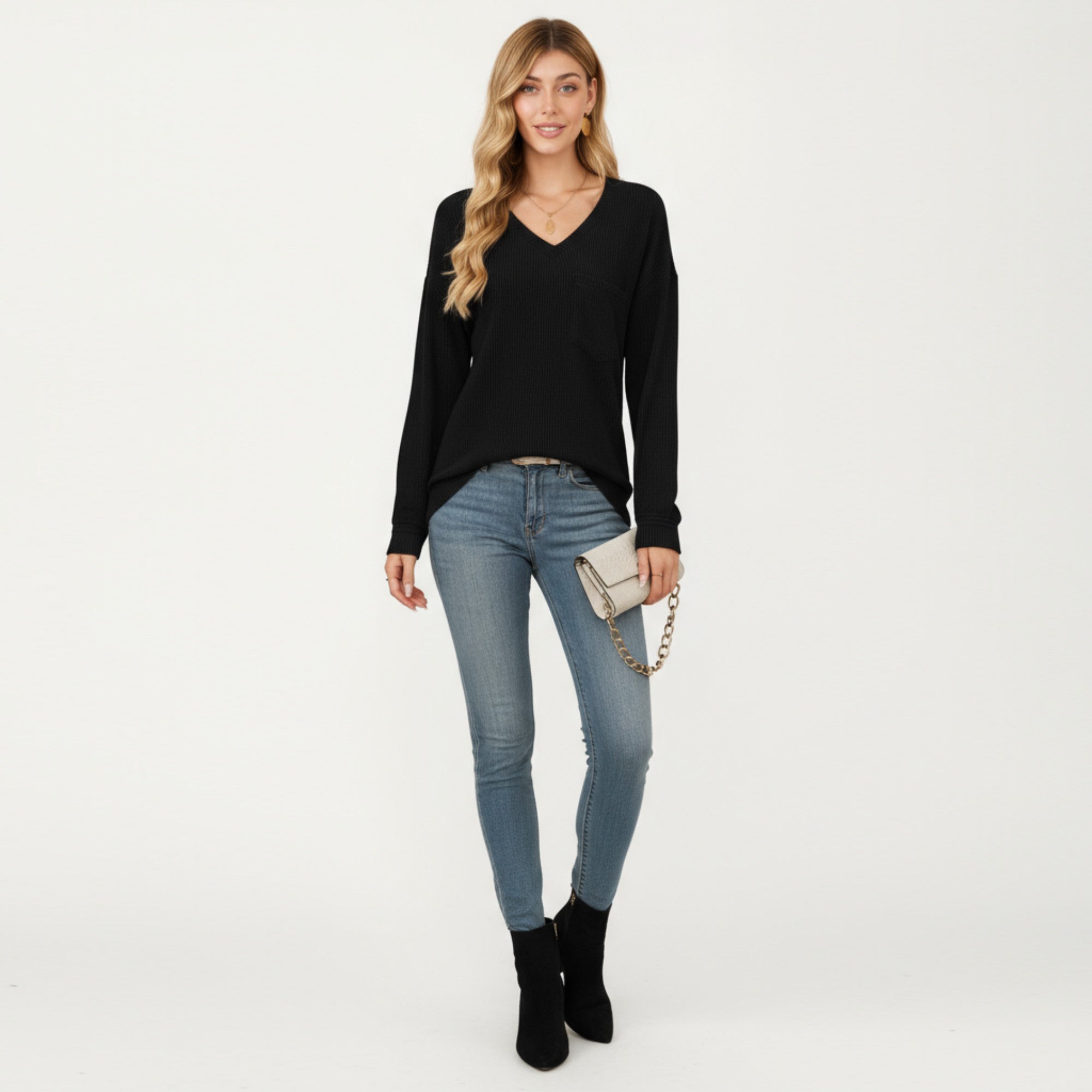 Anna-Kaci Women's V-Neck Long Sleeve Knit Top with Chest Pocket and Relaxed Fit