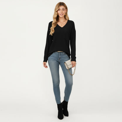 Anna-Kaci Women's V-Neck Long Sleeve Knit Top with Chest Pocket and Relaxed Fit