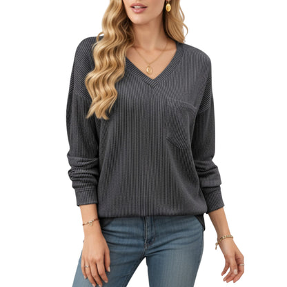 Anna-Kaci Women's V-Neck Long Sleeve Knit Top with Chest Pocket and Relaxed Fit