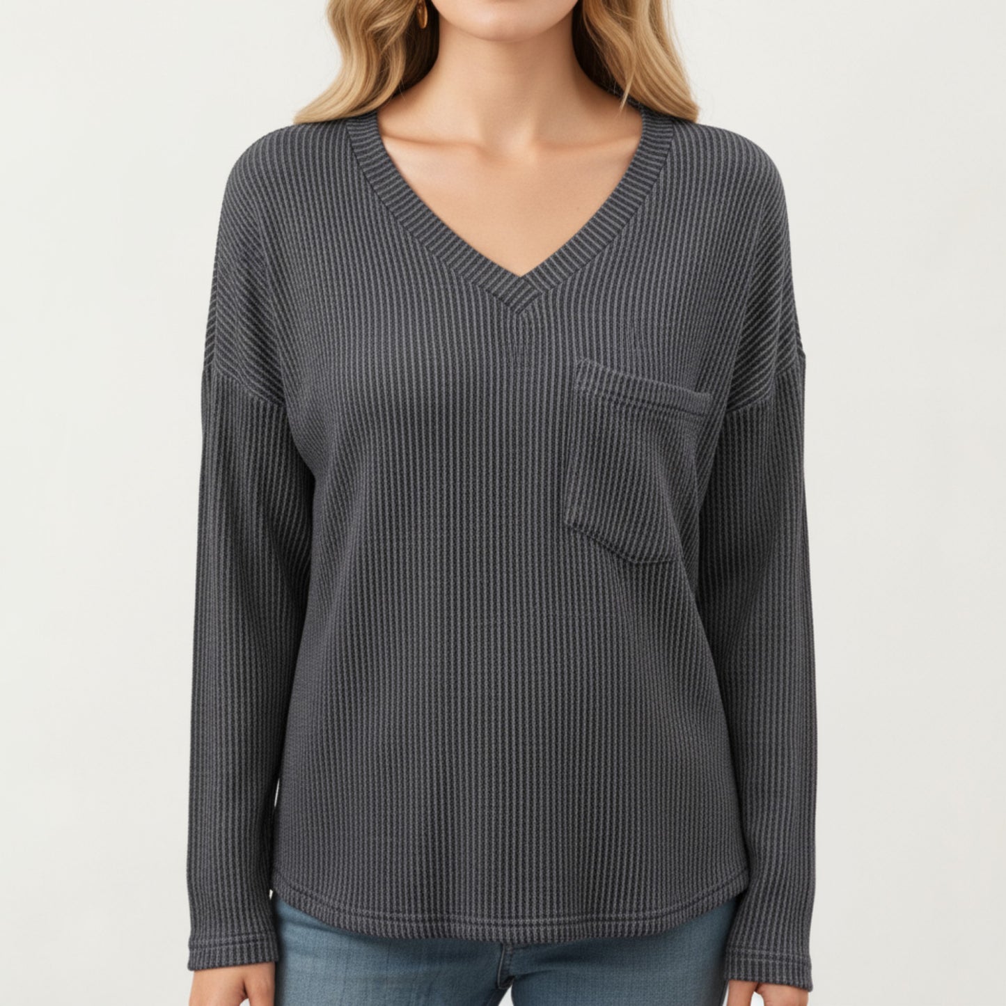 Anna-Kaci Women's V-Neck Long Sleeve Knit Top with Chest Pocket and Relaxed Fit