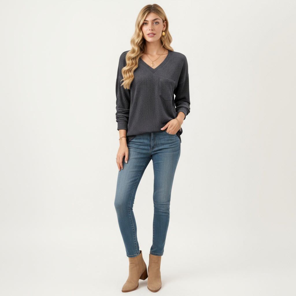 Anna-Kaci Women's V-Neck Long Sleeve Knit Top with Chest Pocket and Relaxed Fit