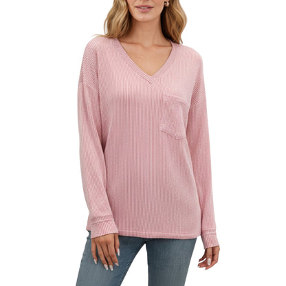 Anna-Kaci Women's V-Neck Long Sleeve Knit Top with Chest Pocket and Relaxed Fit