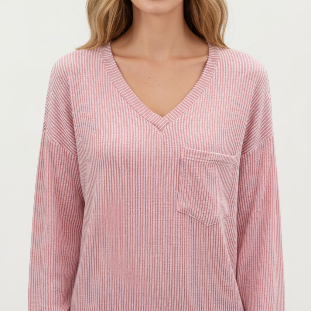 Anna-Kaci Women's V-Neck Long Sleeve Knit Top with Chest Pocket and Relaxed Fit