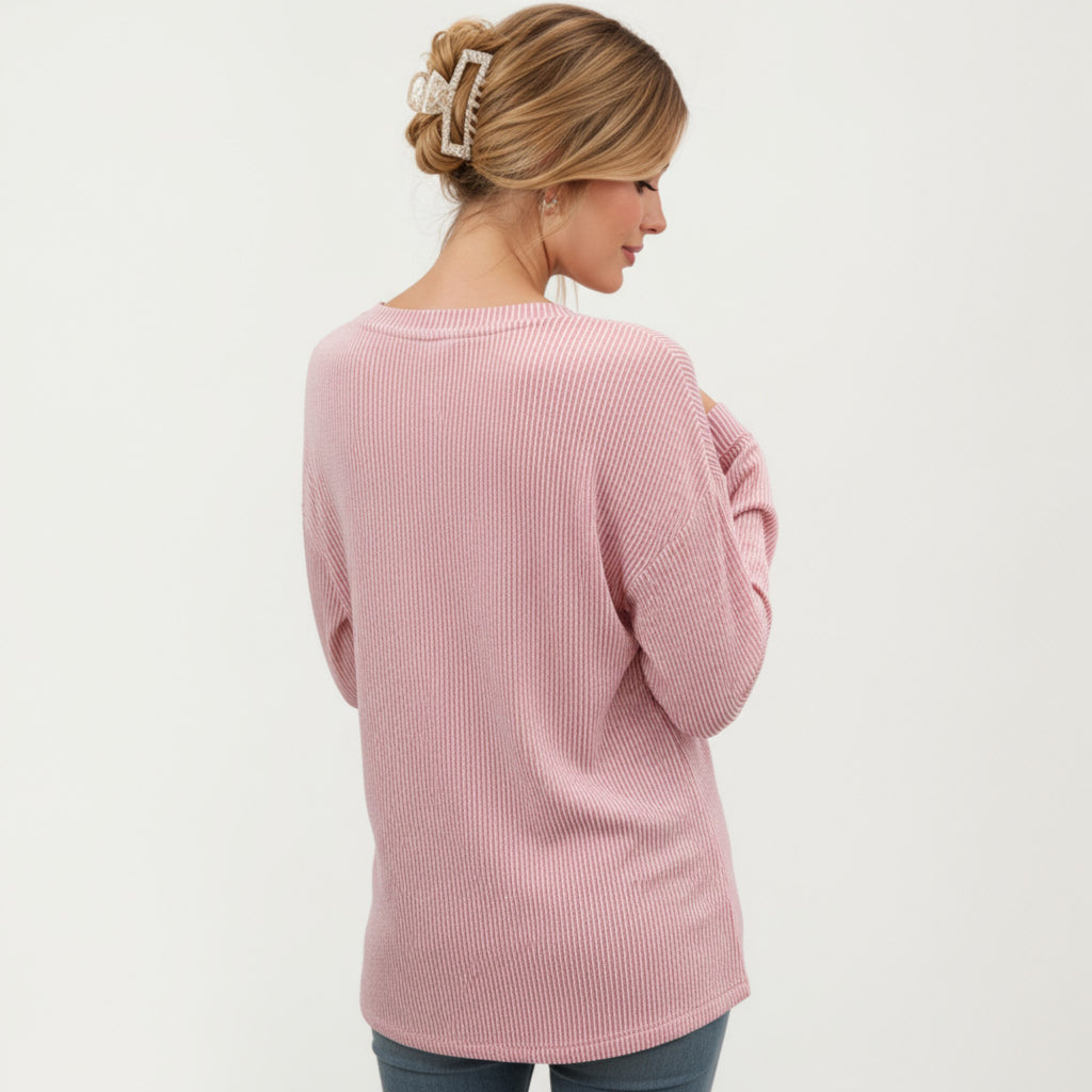 Anna-Kaci Women's V-Neck Long Sleeve Knit Top with Chest Pocket and Relaxed Fit