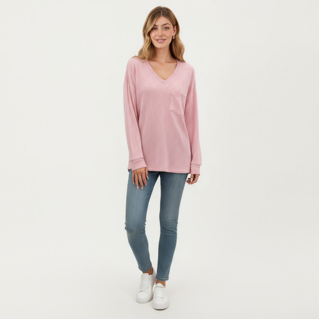 Anna-Kaci Women's V-Neck Long Sleeve Knit Top with Chest Pocket and Relaxed Fit