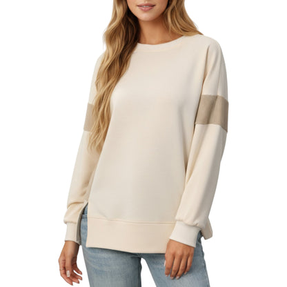 Anna-Kaci Women's Crew Neck Long Sleeve Pullover Top with Colorblock Sleeve Detail