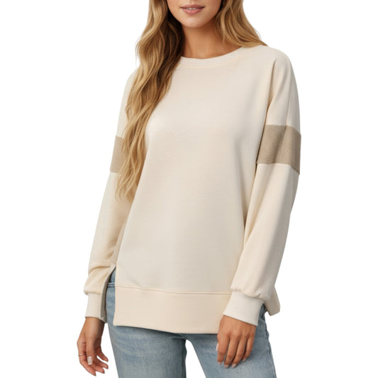 Anna-Kaci Women's Crew Neck Long Sleeve Pullover Top with Colorblock Sleeve Detail