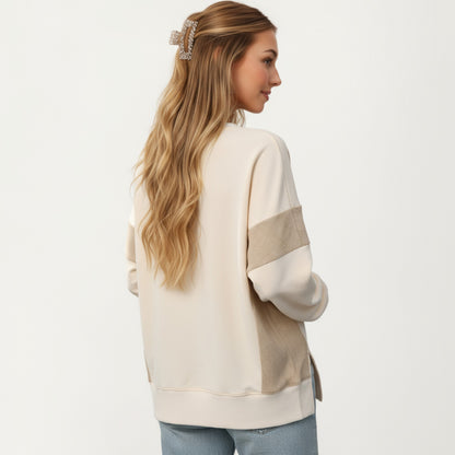 Anna-Kaci Women's Crew Neck Long Sleeve Pullover Top with Colorblock Sleeve Detail