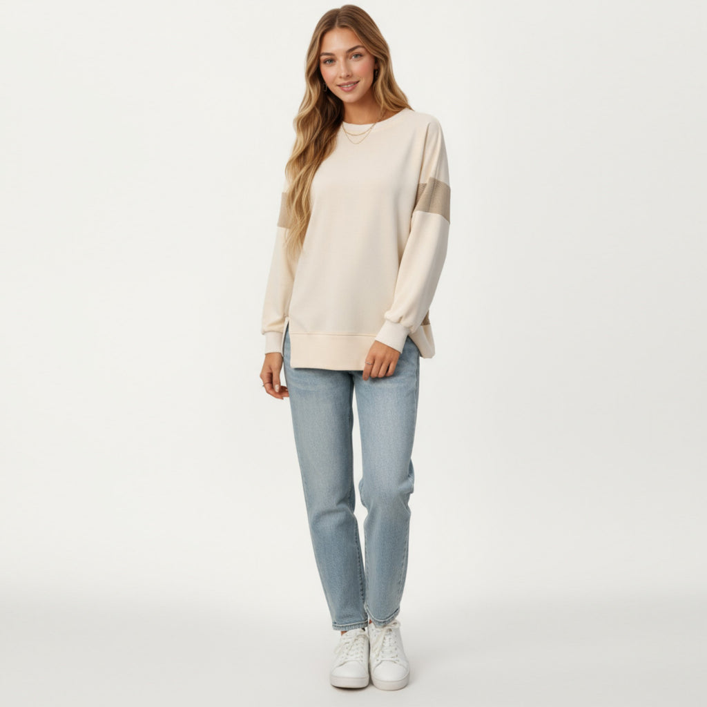 Anna-Kaci Women's Crew Neck Long Sleeve Pullover Top with Colorblock Sleeve Detail