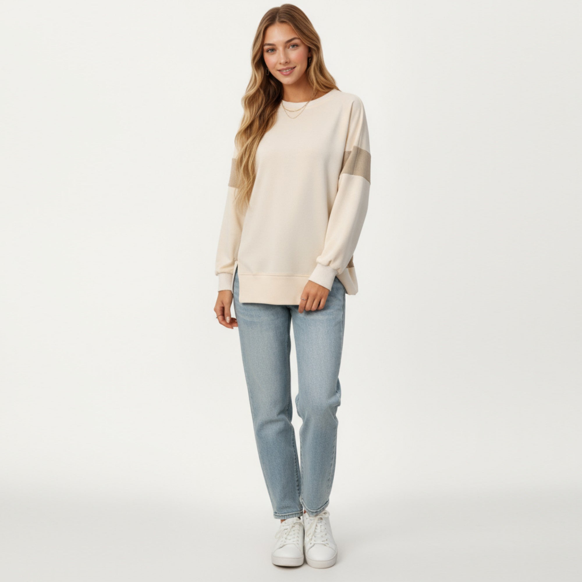 Anna-Kaci Women's Crew Neck Long Sleeve Pullover Top with Colorblock Sleeve Detail
