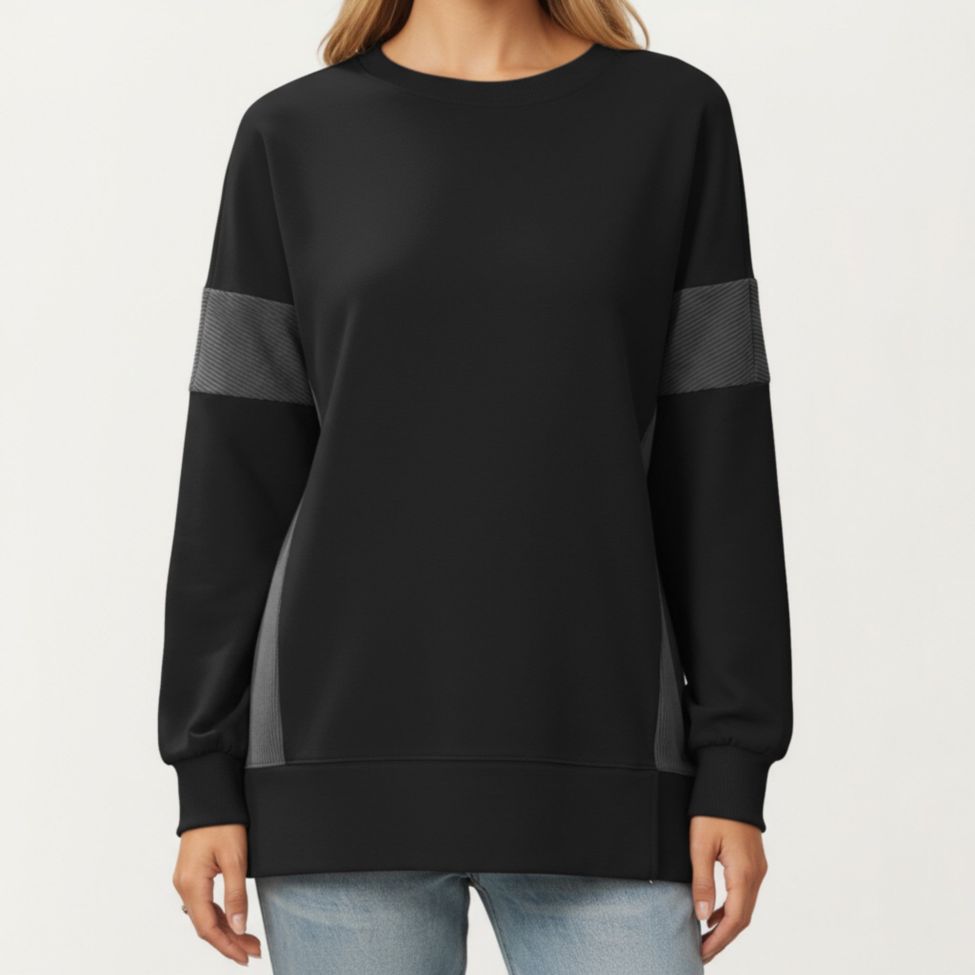 Anna-Kaci Women's Crew Neck Long Sleeve Pullover Top with Colorblock Sleeve Detail