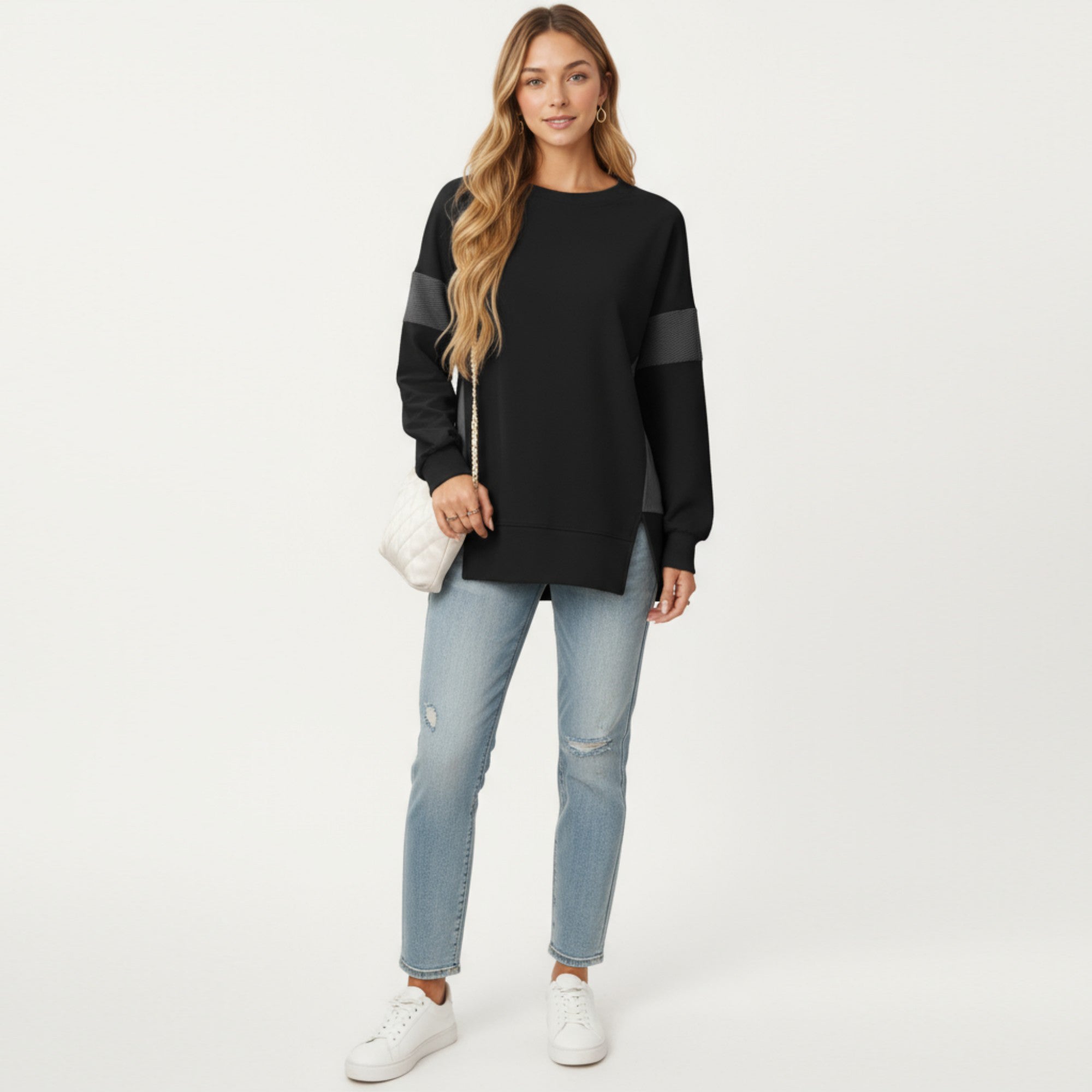 Anna-Kaci Women's Crew Neck Long Sleeve Pullover Top with Colorblock Sleeve Detail