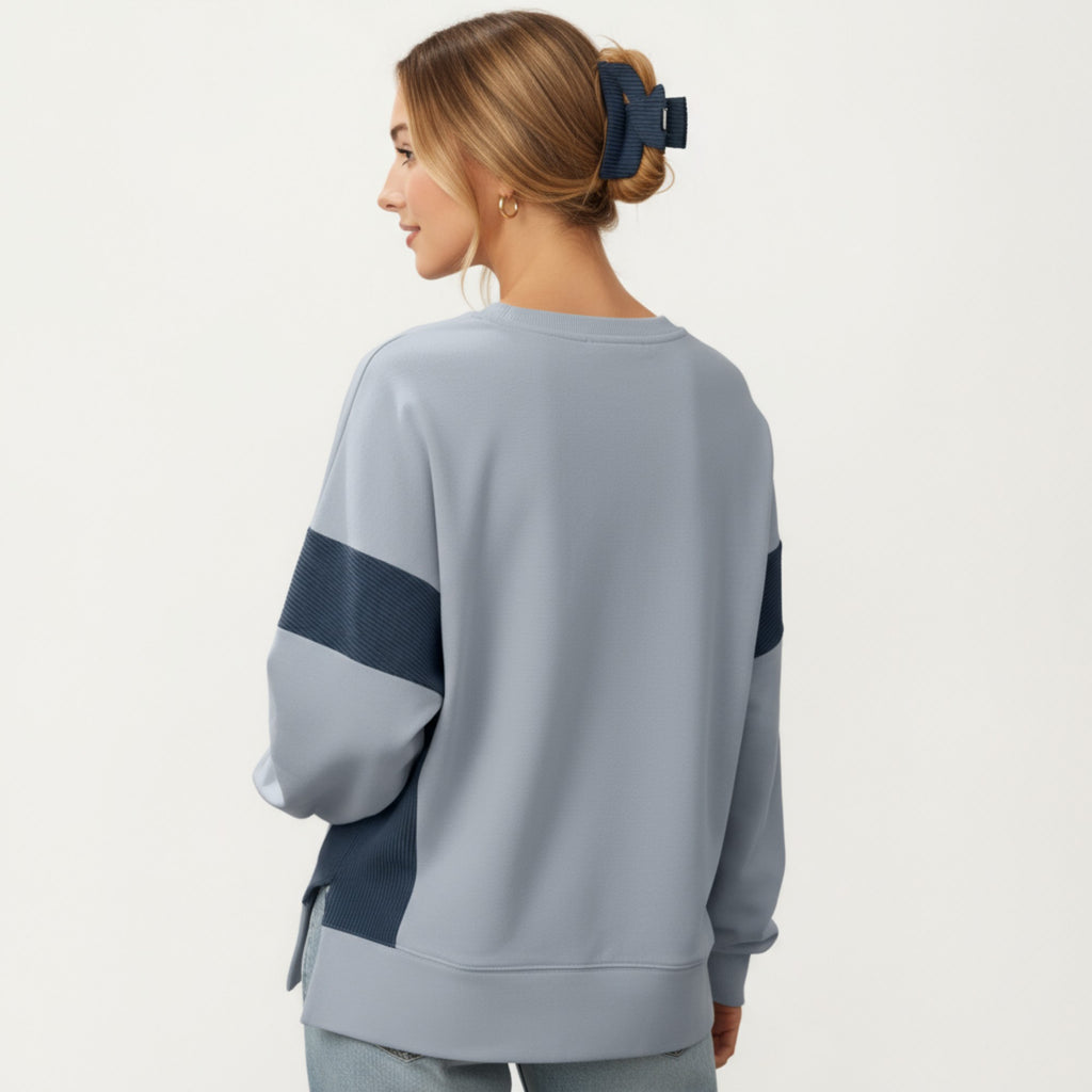 Anna-Kaci Women's Crew Neck Long Sleeve Pullover Top with Colorblock Sleeve Detail
