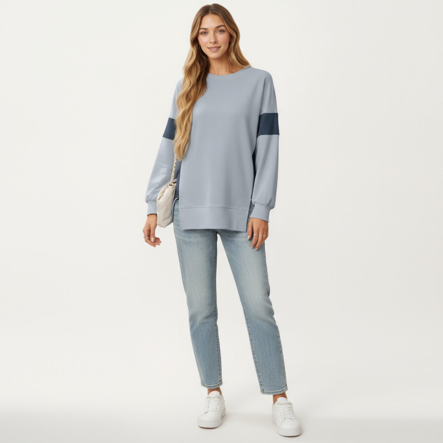 Anna-Kaci Women's Crew Neck Long Sleeve Pullover Top with Colorblock Sleeve Detail