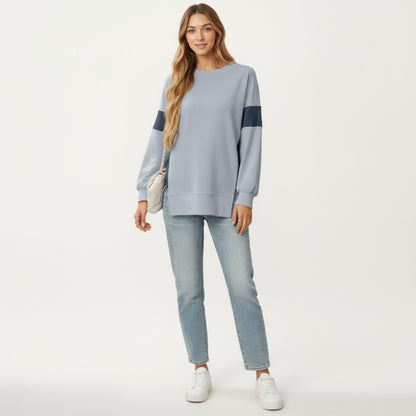 Anna-Kaci Women's Crew Neck Long Sleeve Pullover Top with Colorblock Sleeve Detail