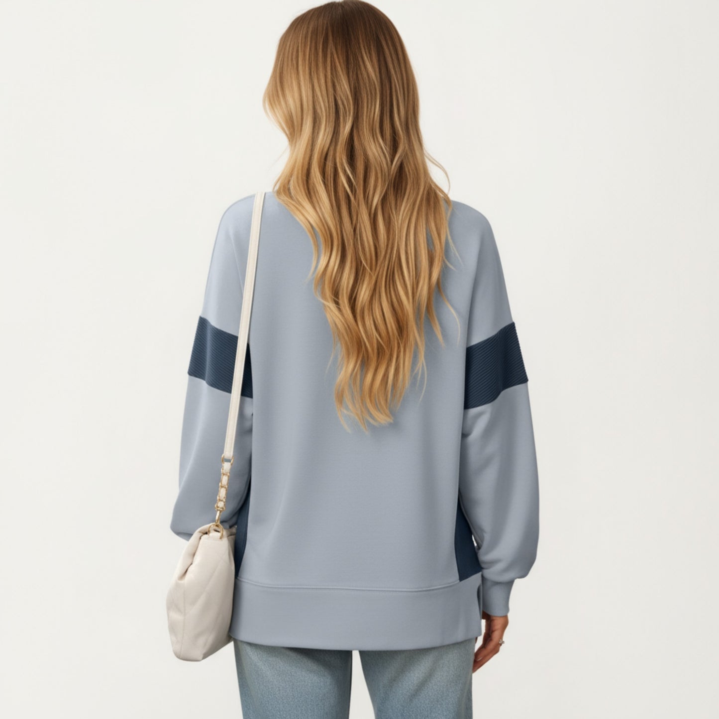 Anna-Kaci Women's Crew Neck Long Sleeve Pullover Top with Colorblock Sleeve Detail