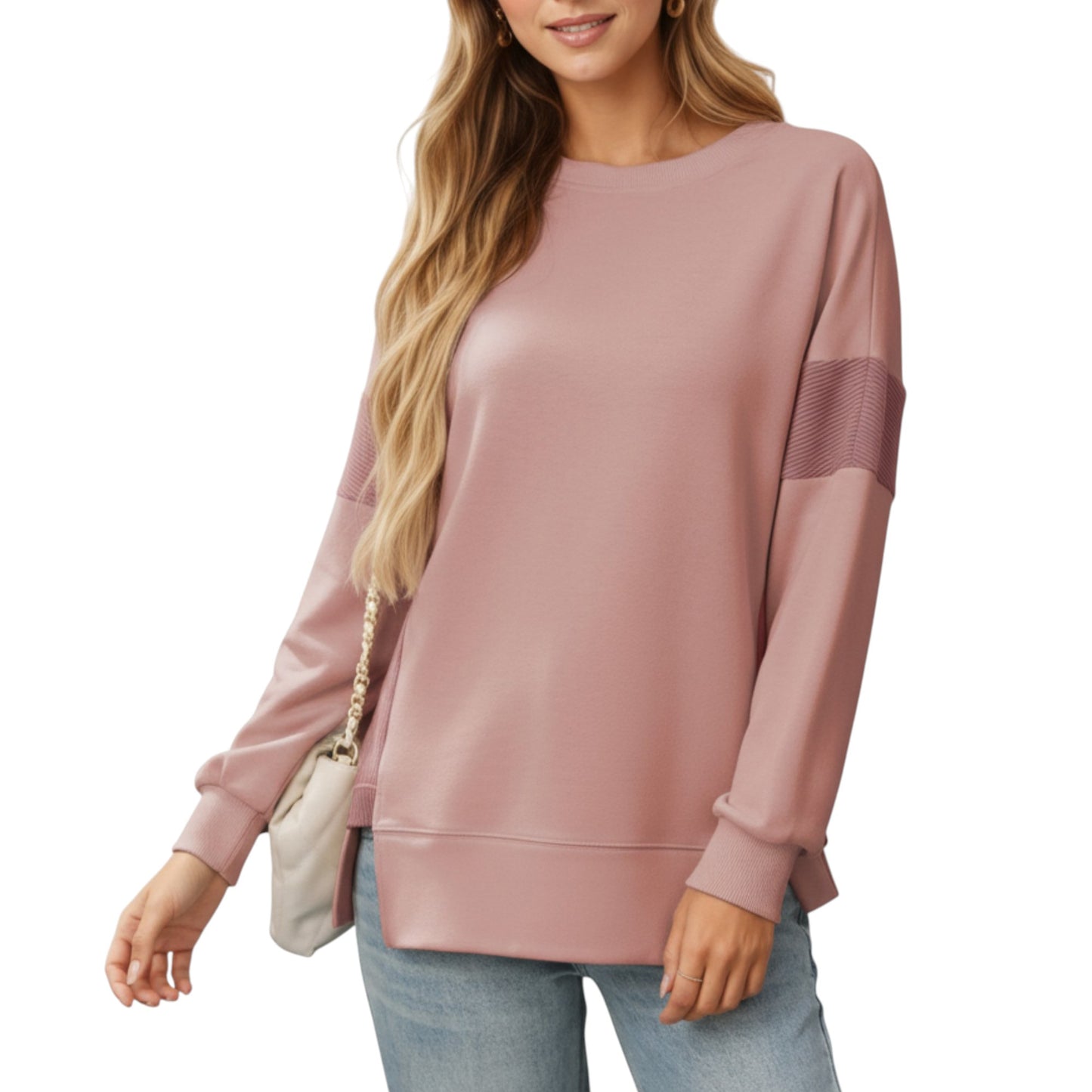 Anna-Kaci Women's Crew Neck Long Sleeve Pullover Top with Colorblock Sleeve Detail