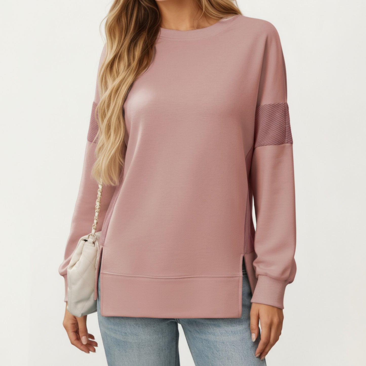 Anna-Kaci Women's Crew Neck Long Sleeve Pullover Top with Colorblock Sleeve Detail