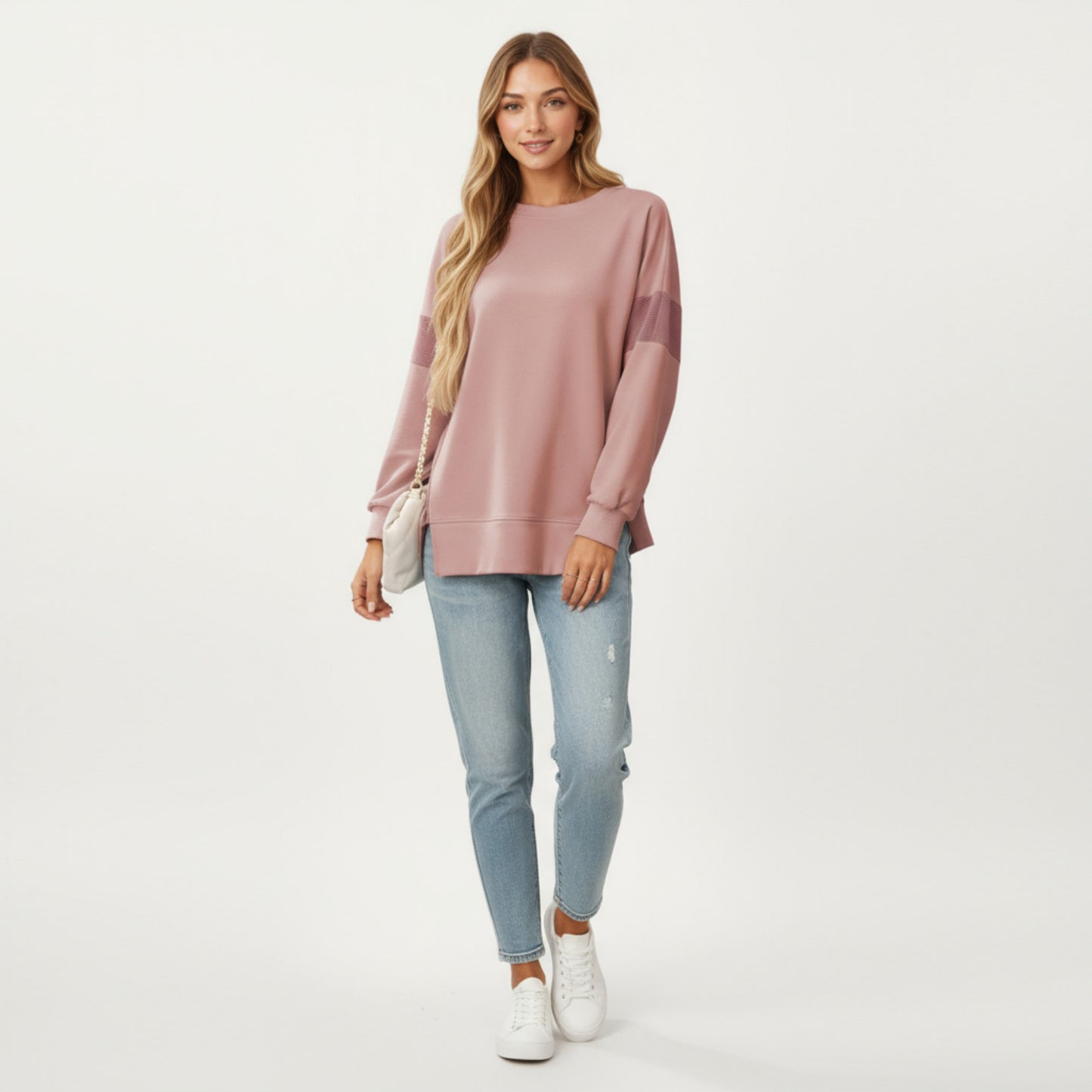 Anna-Kaci Women's Crew Neck Long Sleeve Pullover Top with Colorblock Sleeve Detail