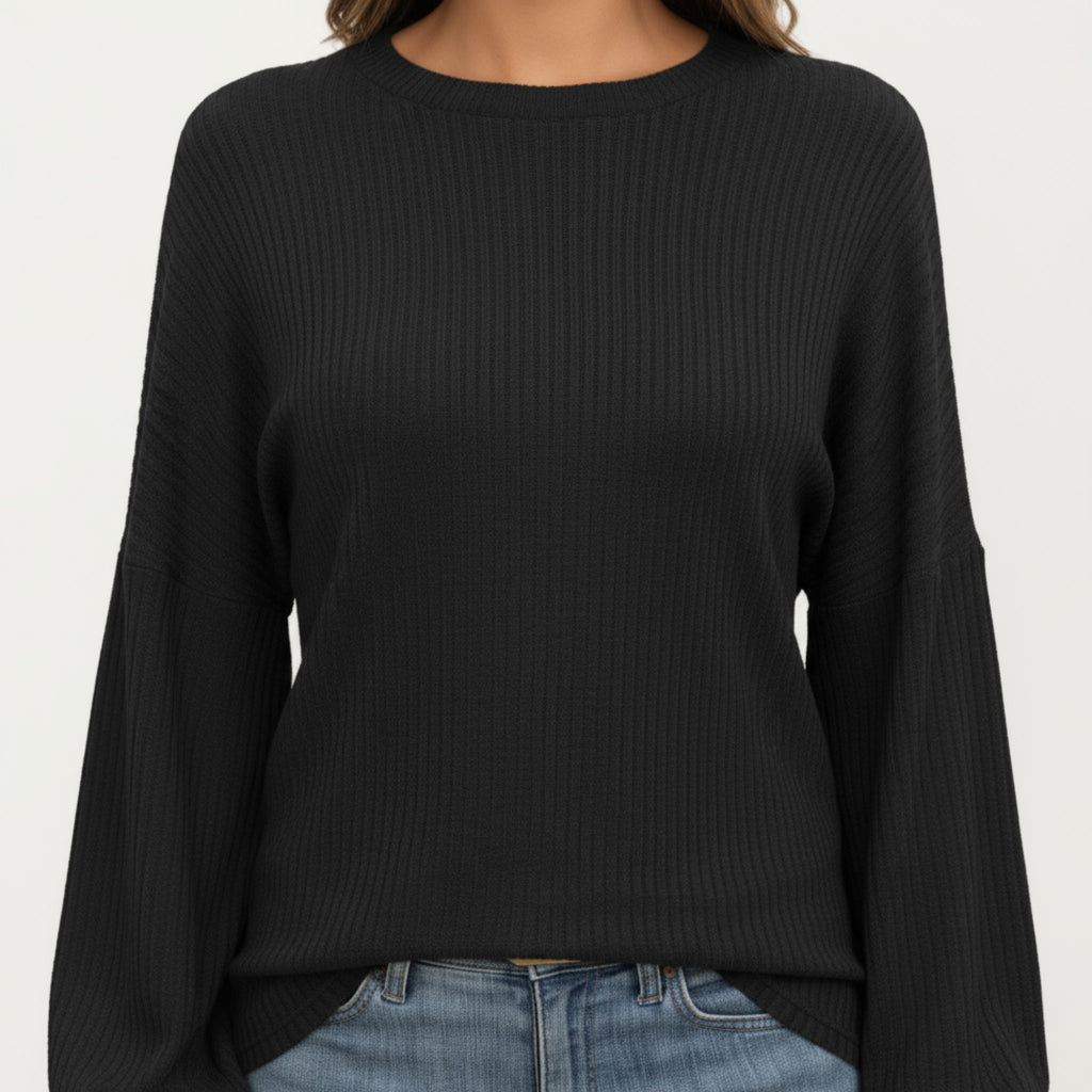 Anna-Kaci Women's Long Sleeve Ribbed Knit Top with Subtle Ruffle Cuff Detail