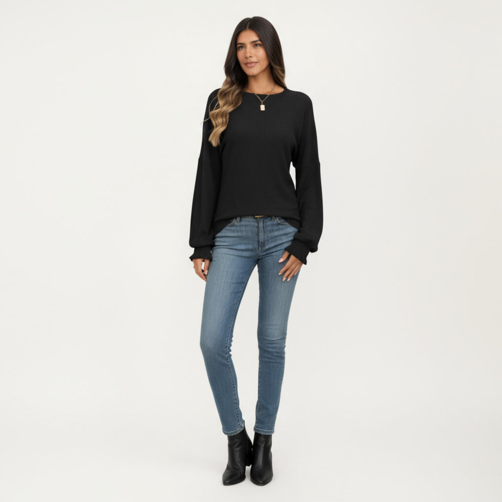 Anna-Kaci Women's Long Sleeve Ribbed Knit Top with Subtle Ruffle Cuff Detail
