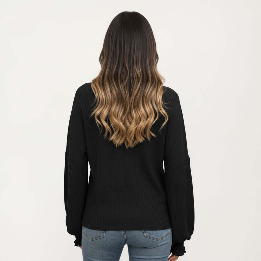 Anna-Kaci Women's Long Sleeve Ribbed Knit Top with Subtle Ruffle Cuff Detail