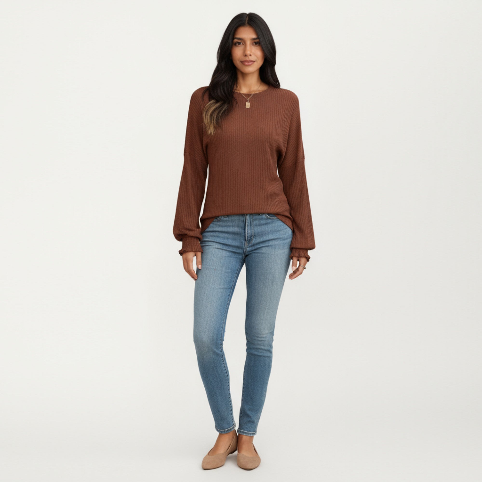 Anna-Kaci Women's Long Sleeve Ribbed Knit Top with Subtle Ruffle Cuff Detail