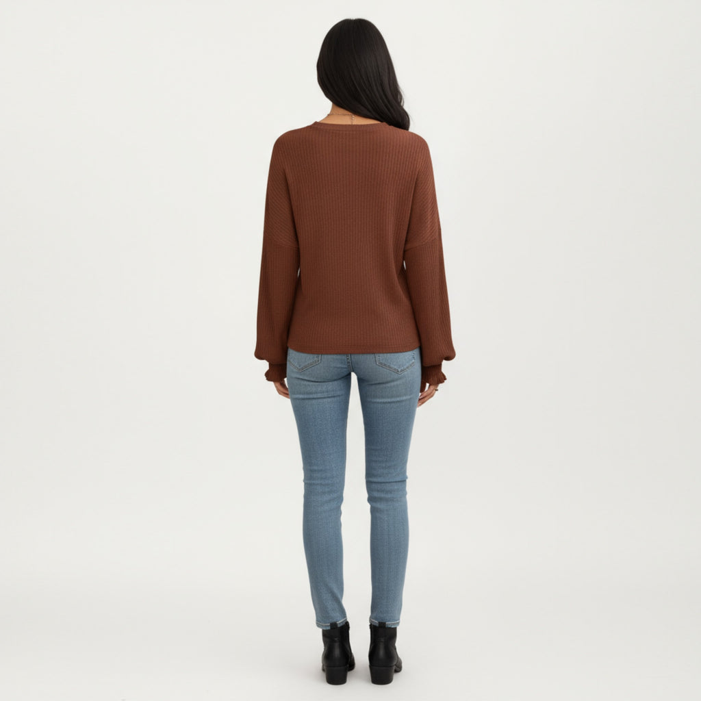 Anna-Kaci Women's Long Sleeve Ribbed Knit Top with Subtle Ruffle Cuff Detail