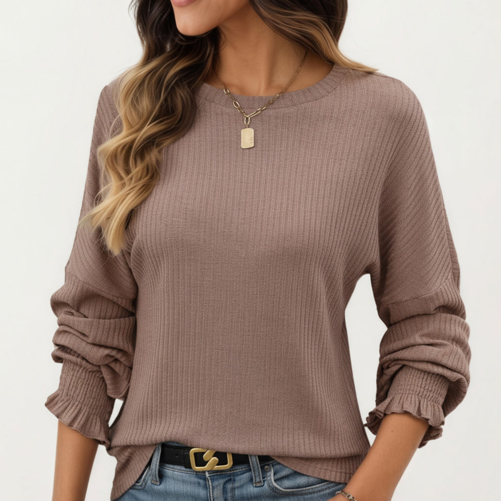 Anna-Kaci Women's Long Sleeve Ribbed Knit Top with Subtle Ruffle Cuff Detail