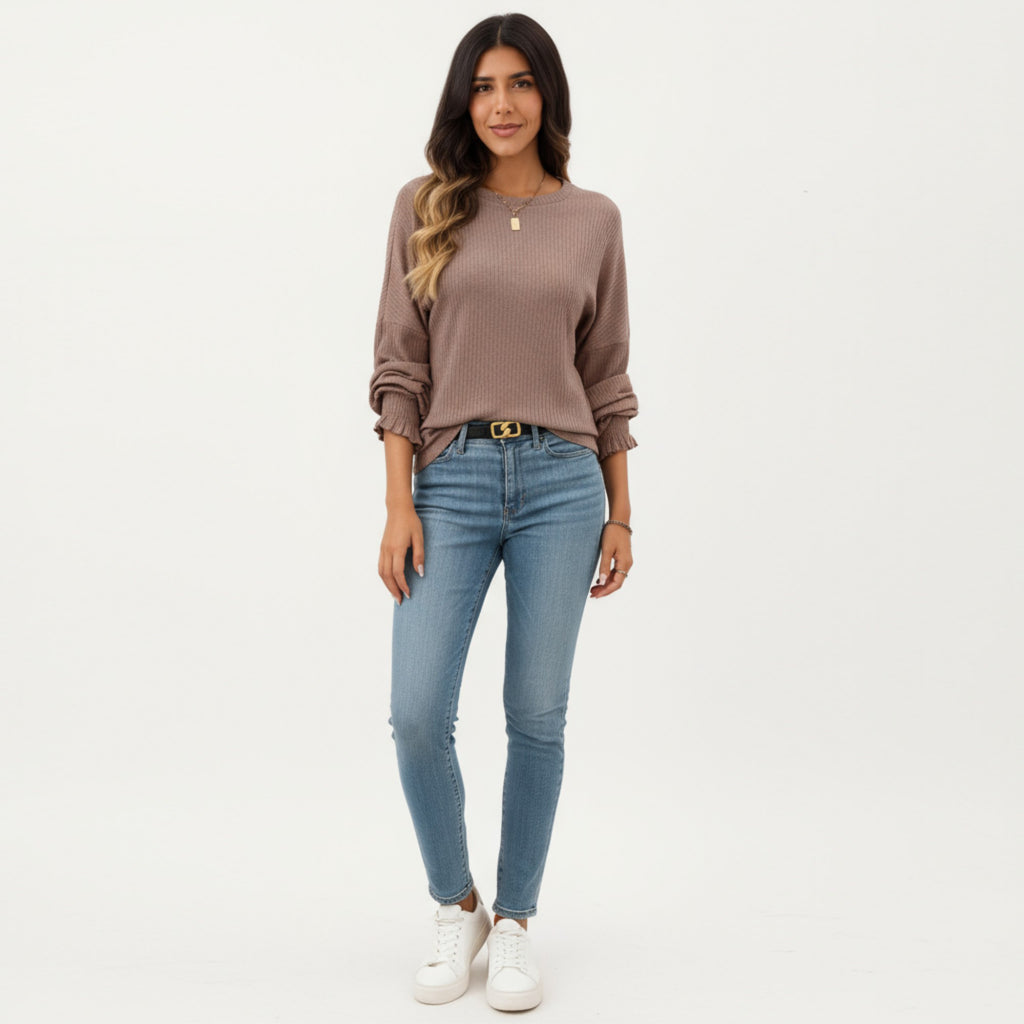Anna-Kaci Women's Long Sleeve Ribbed Knit Top with Subtle Ruffle Cuff Detail