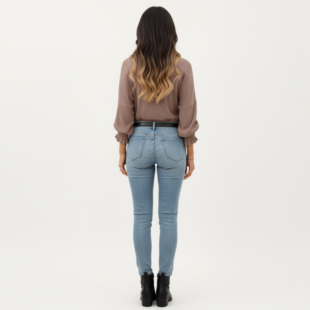 Anna-Kaci Women's Long Sleeve Ribbed Knit Top with Subtle Ruffle Cuff Detail