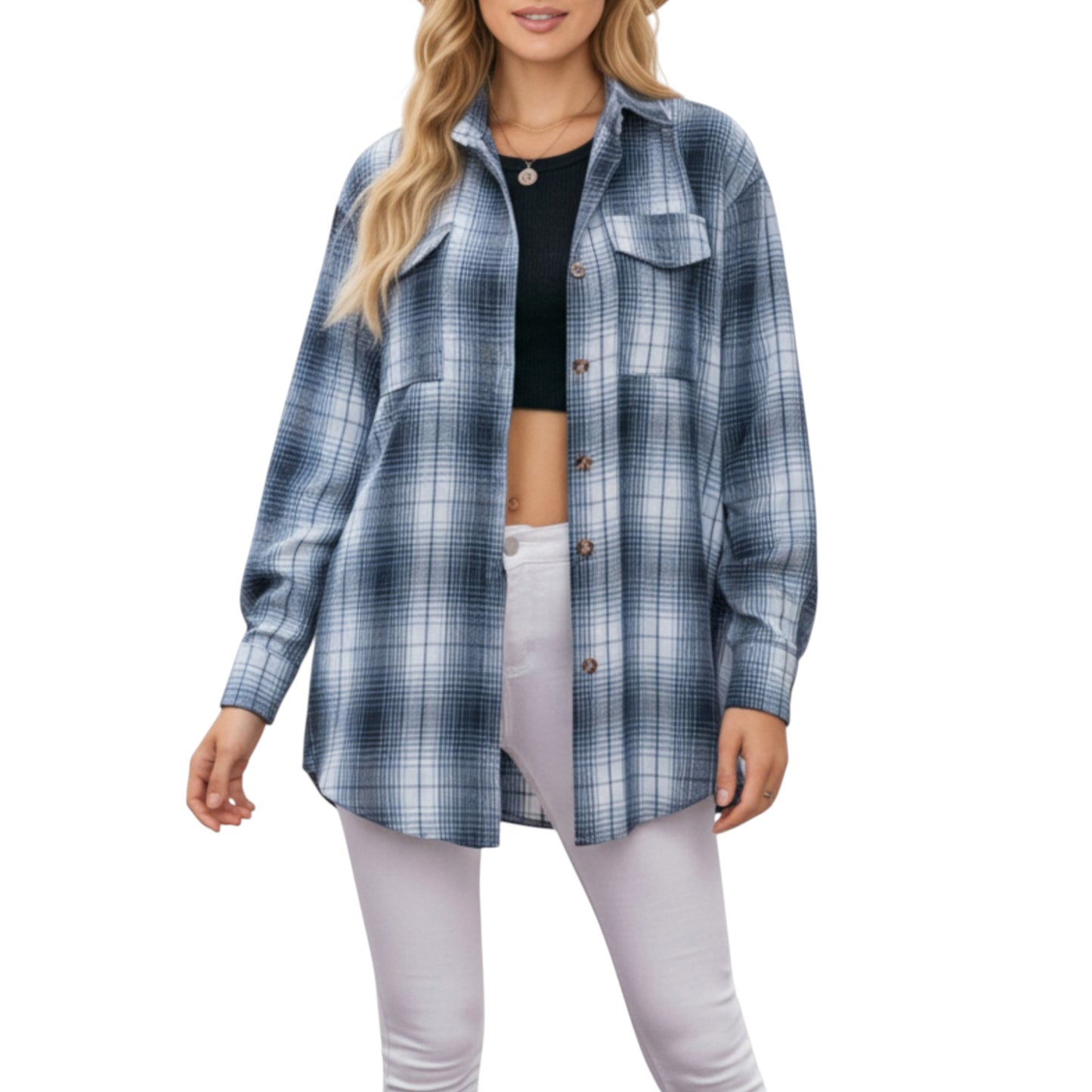 Anna-Kaci Women's Long Sleeve Plaid Button-Up Shirt with Front Pockets and Relaxed Fit