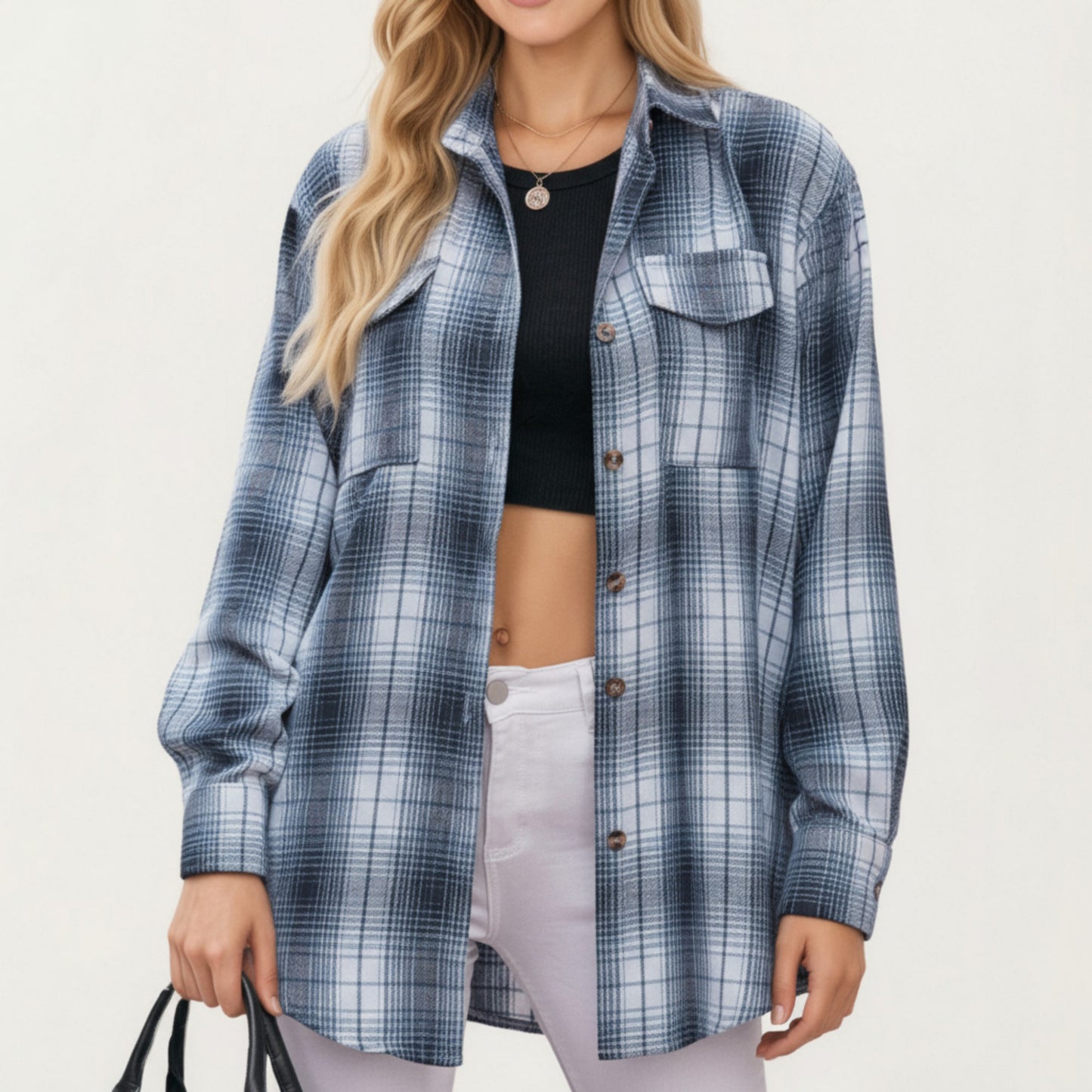 Anna-Kaci Women's Long Sleeve Plaid Button-Up Shirt with Front Pockets and Relaxed Fit