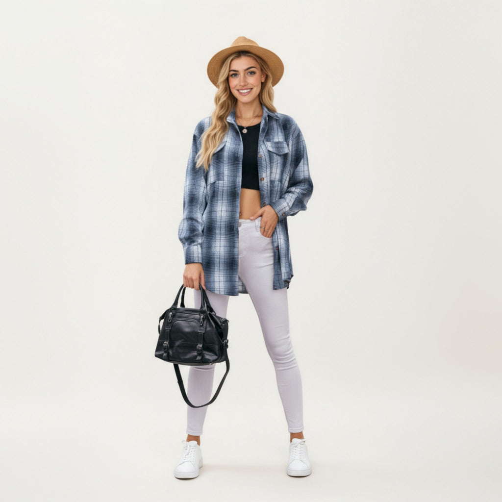 Anna-Kaci Women's Long Sleeve Plaid Button-Up Shirt with Front Pockets and Relaxed Fit
