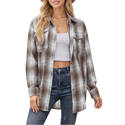 Anna-Kaci Women's Long Sleeve Plaid Button-Up Shirt with Front Pockets and Relaxed Fit