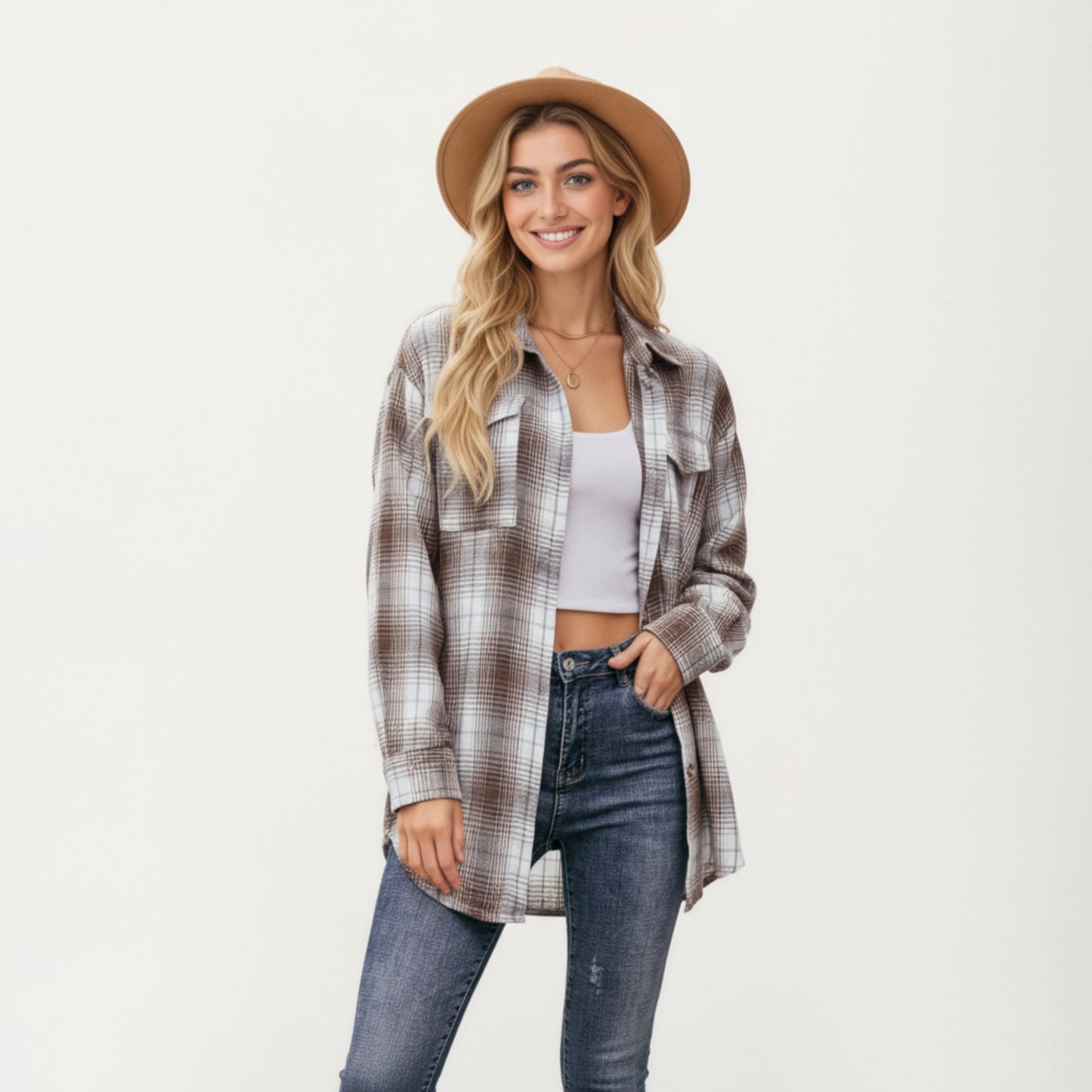 Anna-Kaci Women's Long Sleeve Plaid Button-Up Shirt with Front Pockets and Relaxed Fit