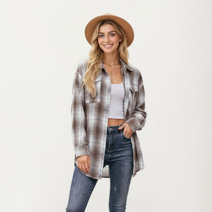Anna-Kaci Women's Long Sleeve Plaid Button-Up Shirt with Front Pockets and Relaxed Fit