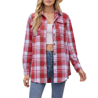 Anna-Kaci Women's Long Sleeve Plaid Button-Up Shirt with Front Pockets and Relaxed Fit