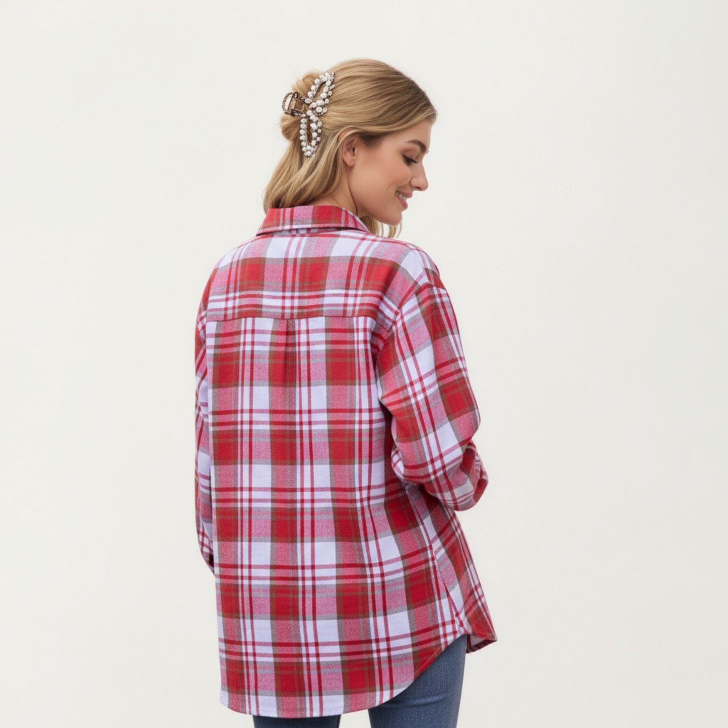 Anna-Kaci Women's Long Sleeve Plaid Button-Up Shirt with Front Pockets and Relaxed Fit