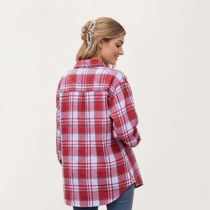 Anna-Kaci Women's Long Sleeve Plaid Button-Up Shirt with Front Pockets and Relaxed Fit