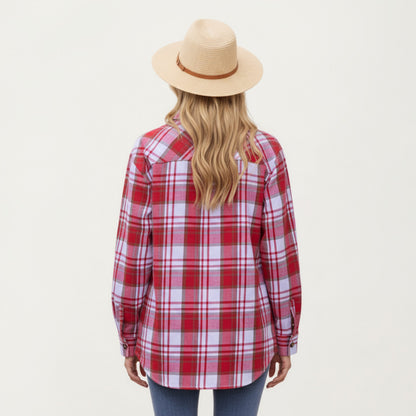 Anna-Kaci Women's Long Sleeve Plaid Button-Up Shirt with Front Pockets and Relaxed Fit